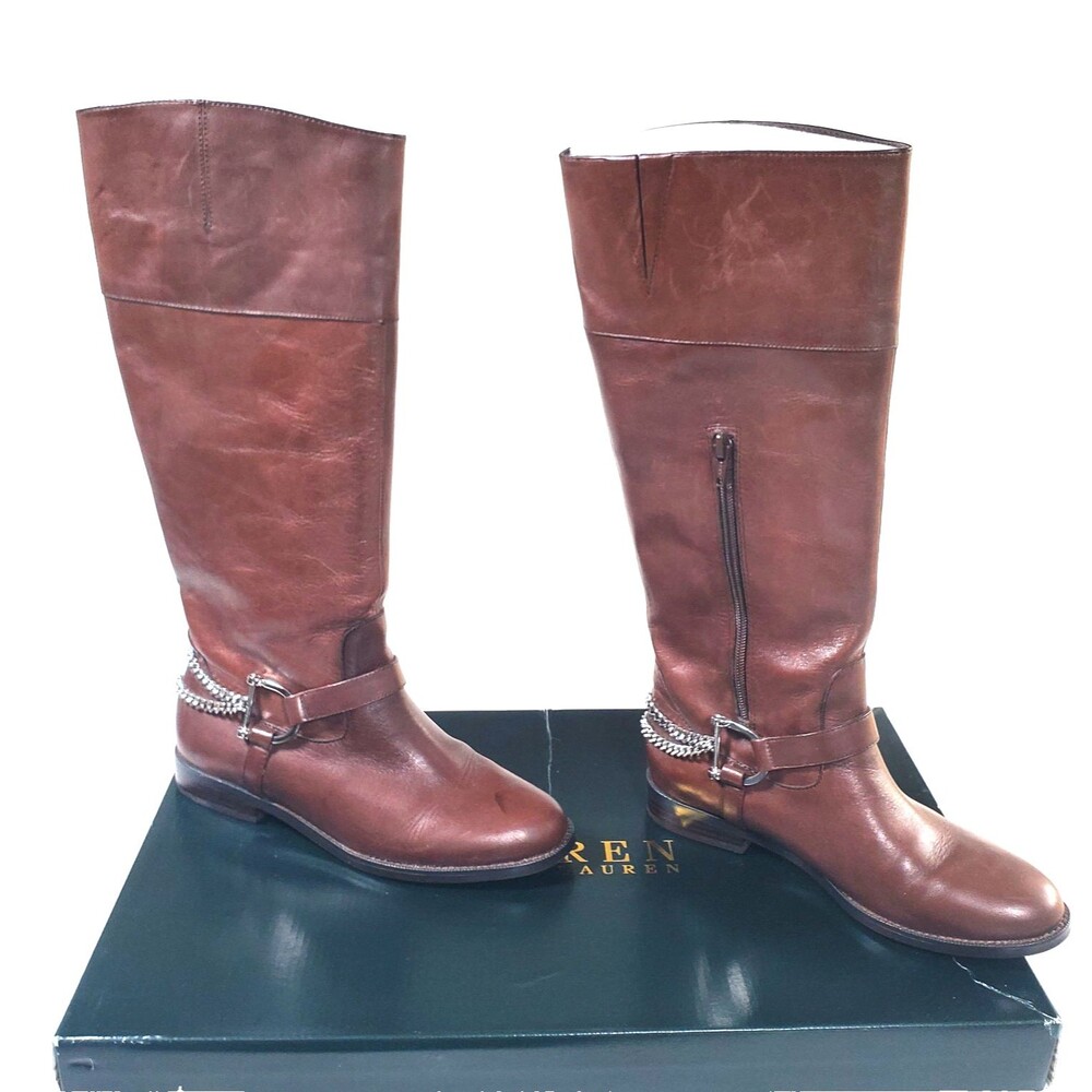 Lauren Ralph Lauren Women’s Brown Leather Boots Size 7 Chain Riding Knee High